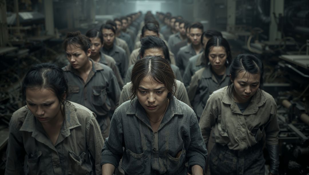 Determined Factory Worker Leading Cohesive Team in Industrial Workshop