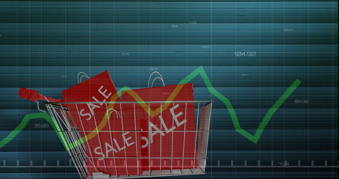 Shopping Cart with Sale Bags and Data Processing Graphic