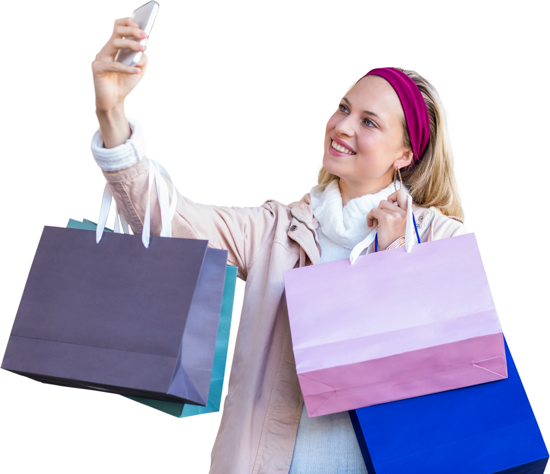 Smiling Woman with Shopping Bags Taking Selfies on Transparent Background - Download Free Stock Images Pikwizard.com