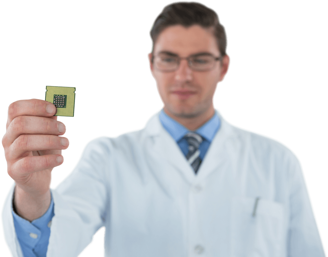 Engineer Holding Transparent Microchip Innovating Technology