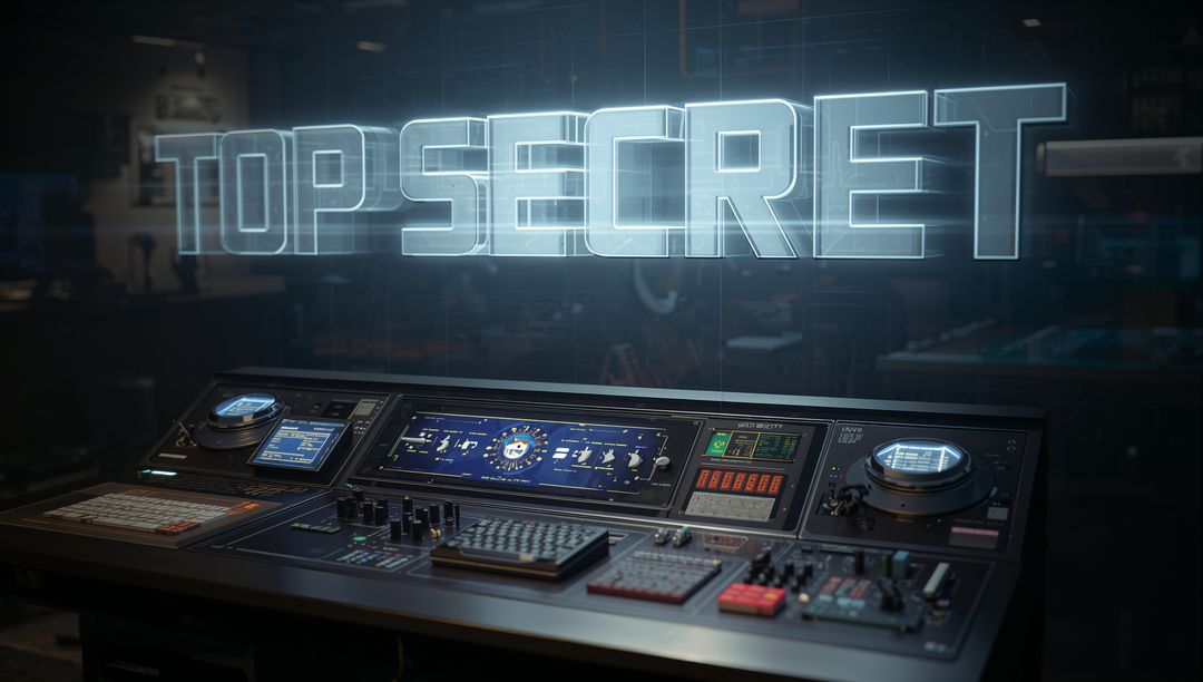 Dominating high-tech control console showcasing glowing TOP SECRET hologram in secure command center