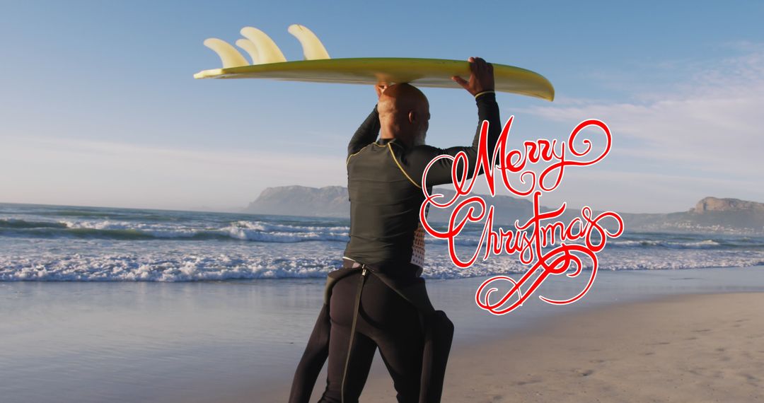 Mature Surfer Lifts Board at Beach with Festive Greeting