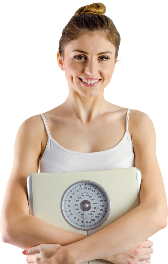 Smiling Woman Holding Weighing Scale Transparently Isolated - Download Free Stock Images Pikwizard.com