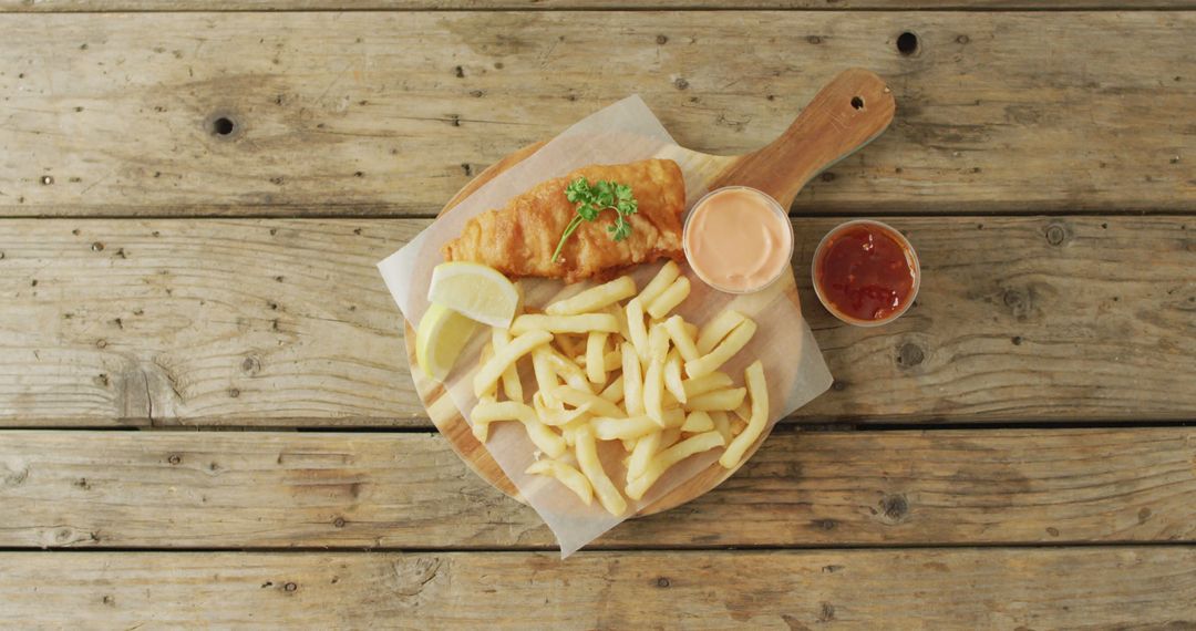 Traditional Fish and Chips with Dip on Wooden Serving Board - Free Images, Stock Photos and Pictures on Pikwizard.com