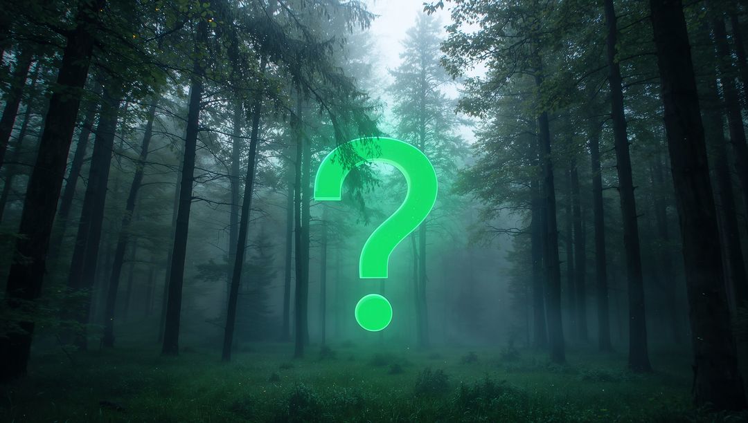 Glowing Neon Question Mark Amidst Foggy Forest Landscape