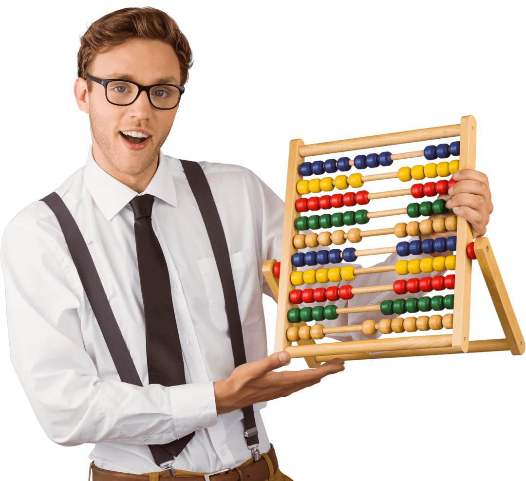Transparent Entrepreneur with Vintage Abacus Presenting Ideas