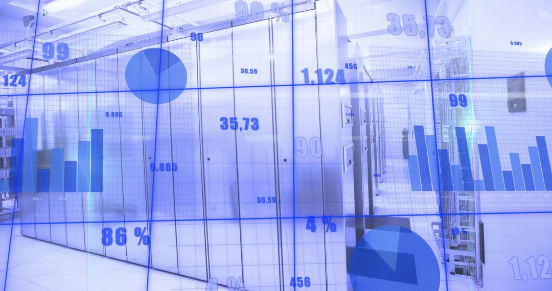 Futuristic Data Center with Digital Charts and Analytics