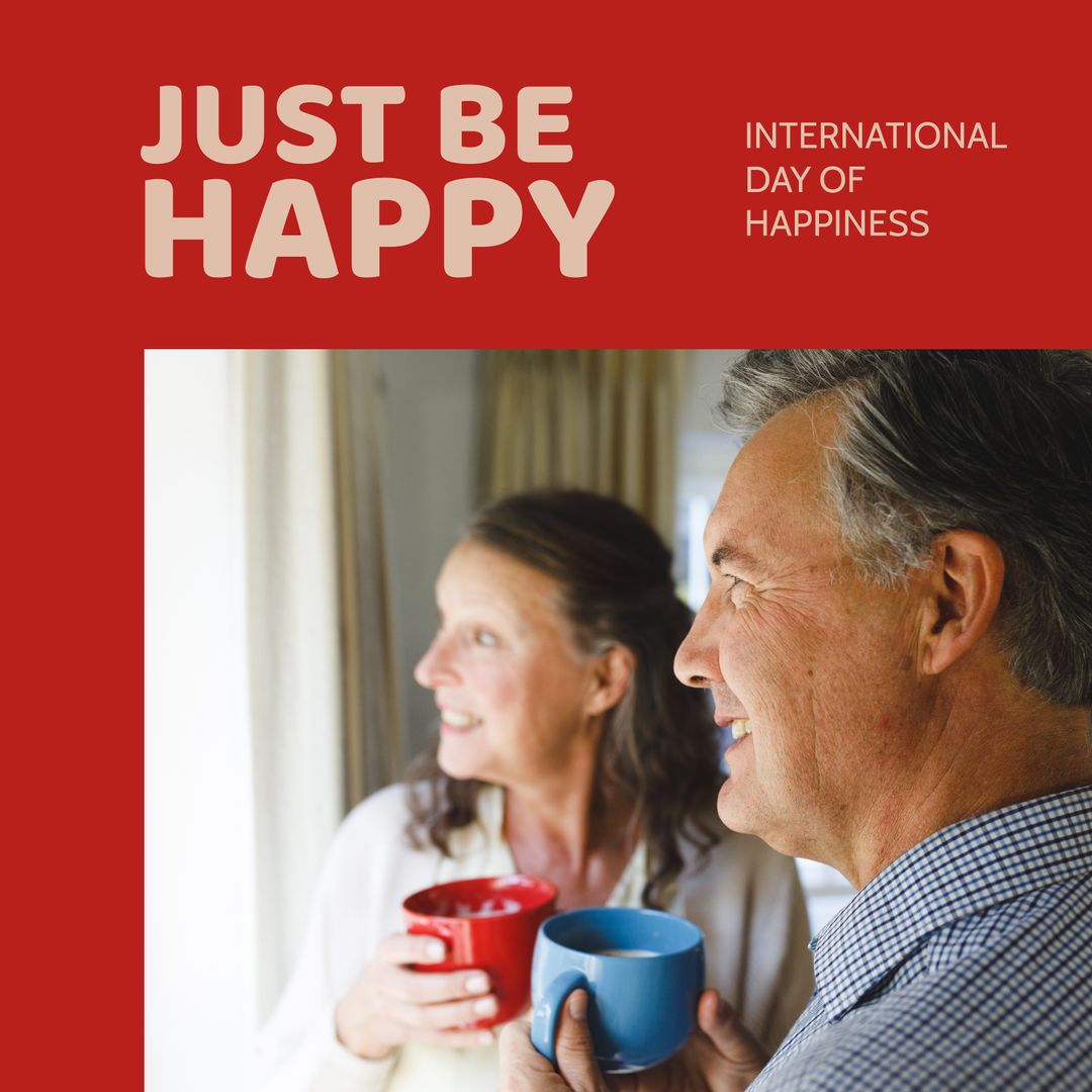 Smiling Senior Couple Holding Coffee Mugs Celebrating Happiness