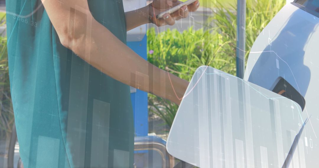 Woman Using Phone While Fueling Car with Infused Digital Graphs