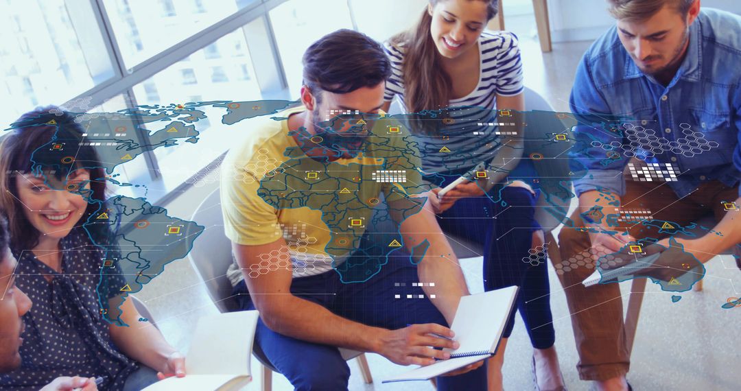 Team Collaborating Across Global Digital Map Data Overlay Meeting