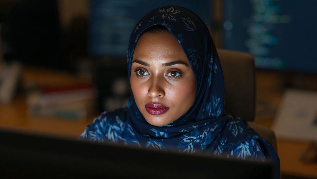 Focused Female Developer in Hijab Coding at Office Workspace