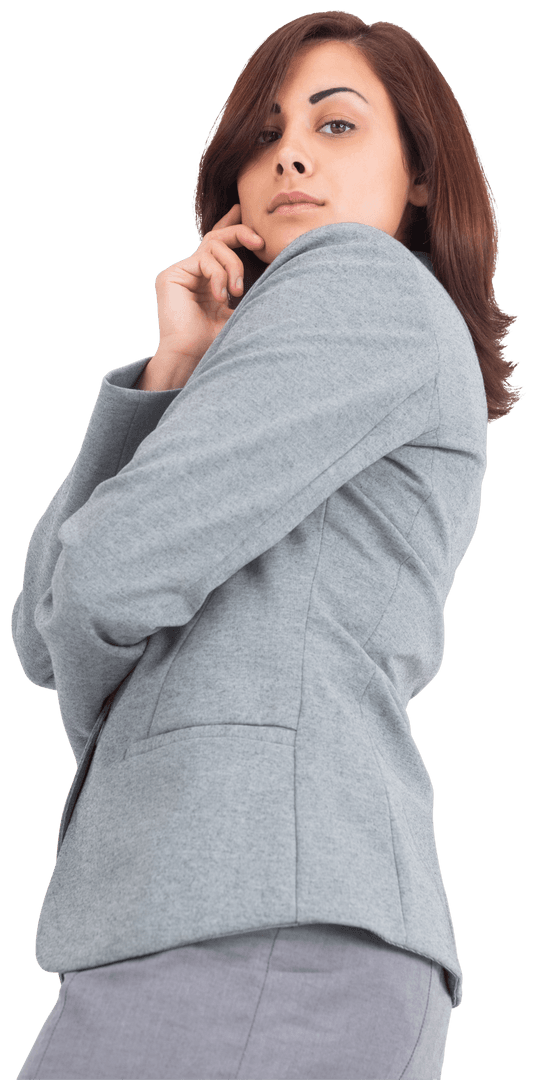 Transparent Confident Businesswoman in Gray Suit Posing on Clear Background