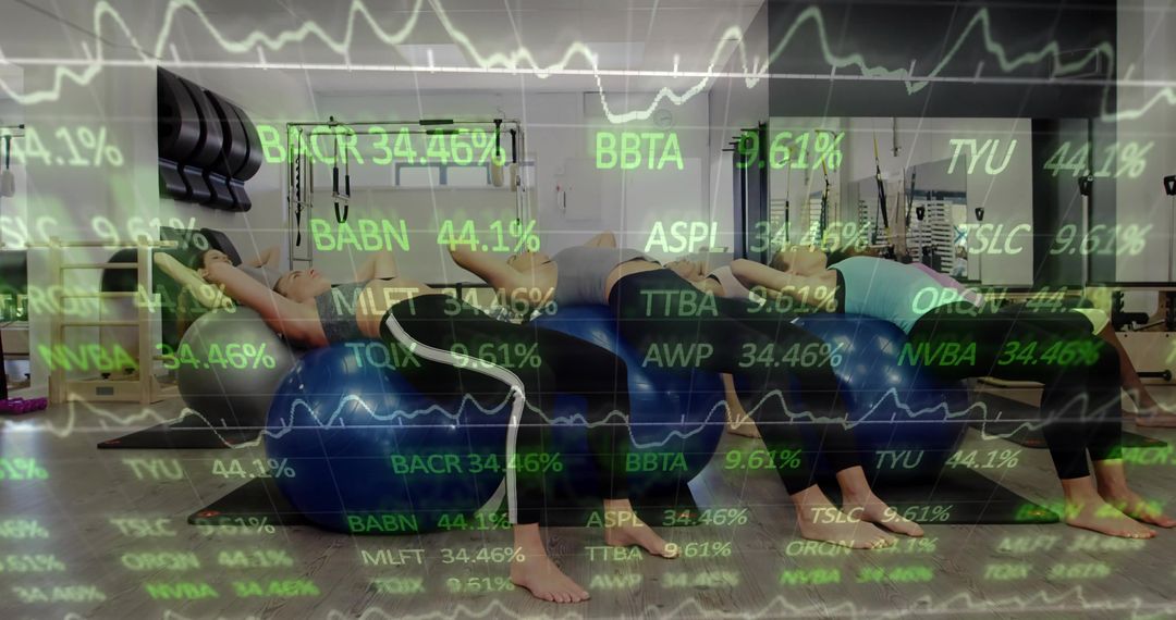 Women Performing Bridge Exercises with Virtual Data Overlay in Gym