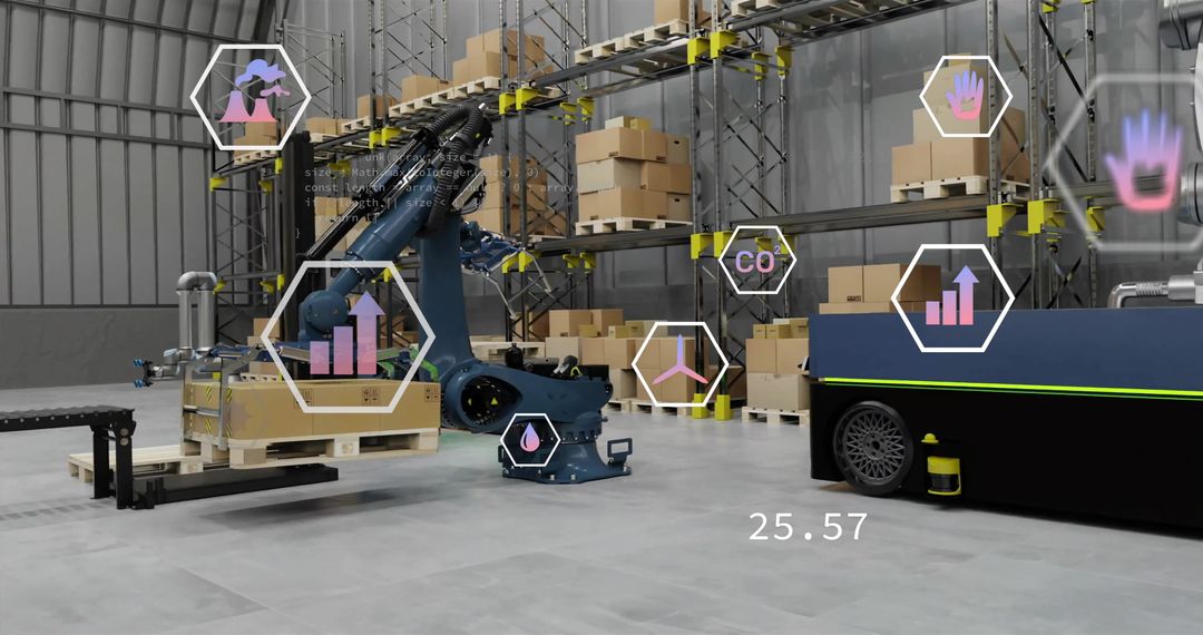 Futuristic Automated Warehouse with Data Interface and Robotics