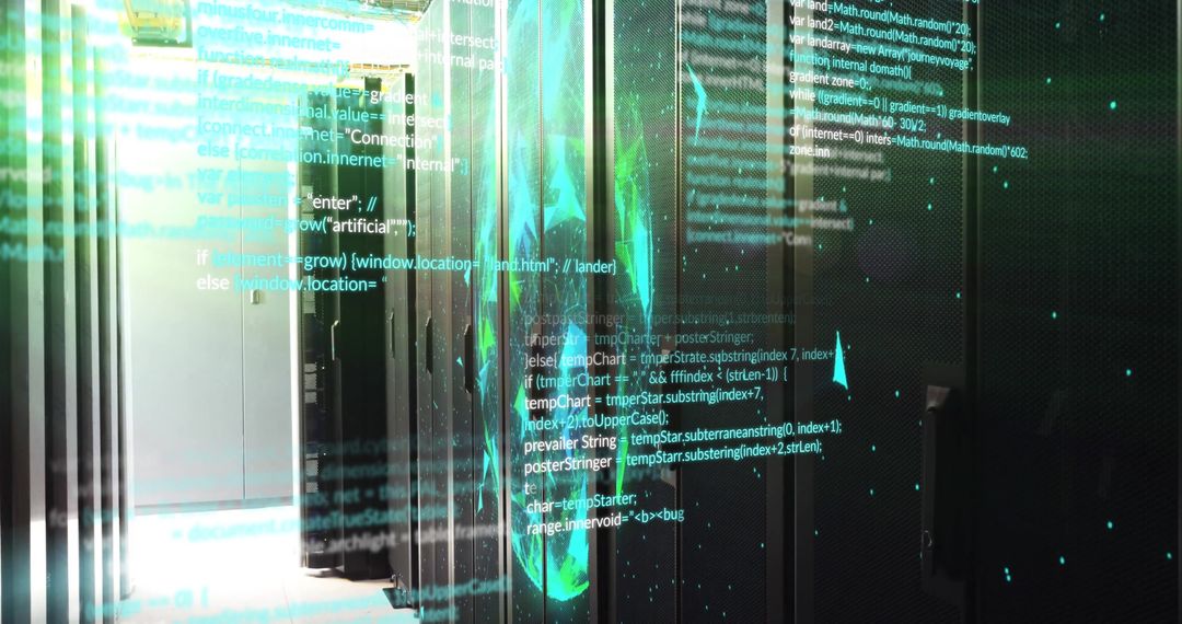 Server Room with Digital Data Streams and Global Connectivity Graphics