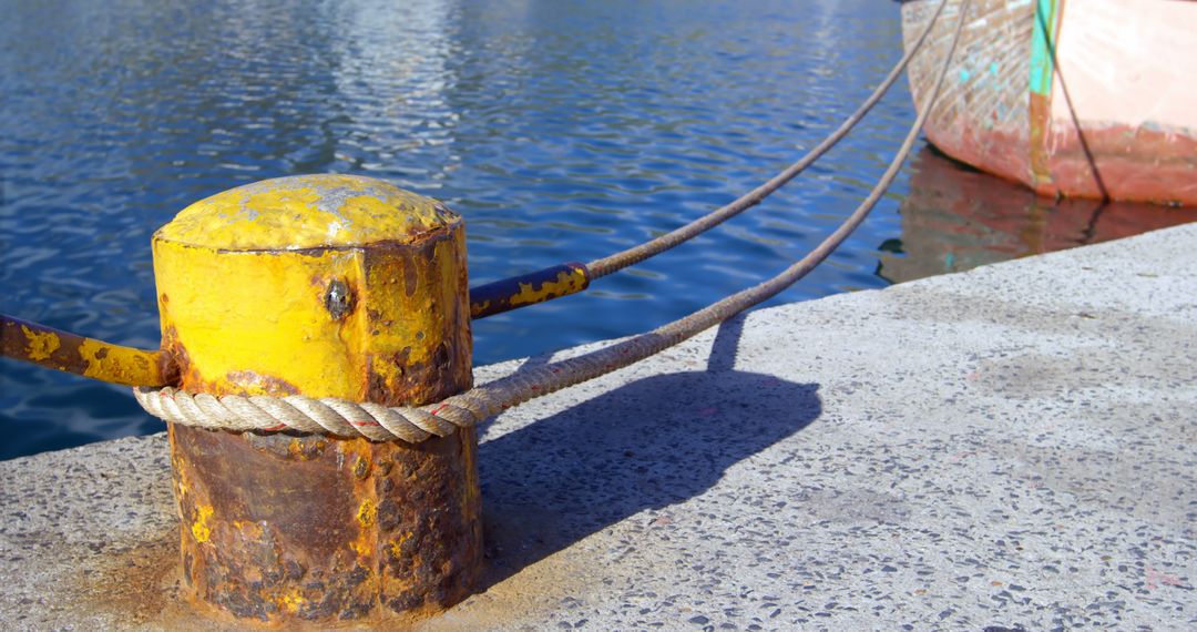 Rusty Yellow Bollard with Marine Rope Tied to Boat at Dock - Free Images, Stock Photos and Pictures on Pikwizard.com