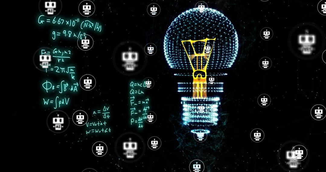 Futuristic AI Light Bulb with Mathematical Equations