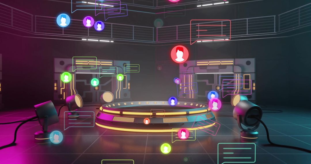 Virtual Social Media Icons Hover in Futuristic Cyber Space