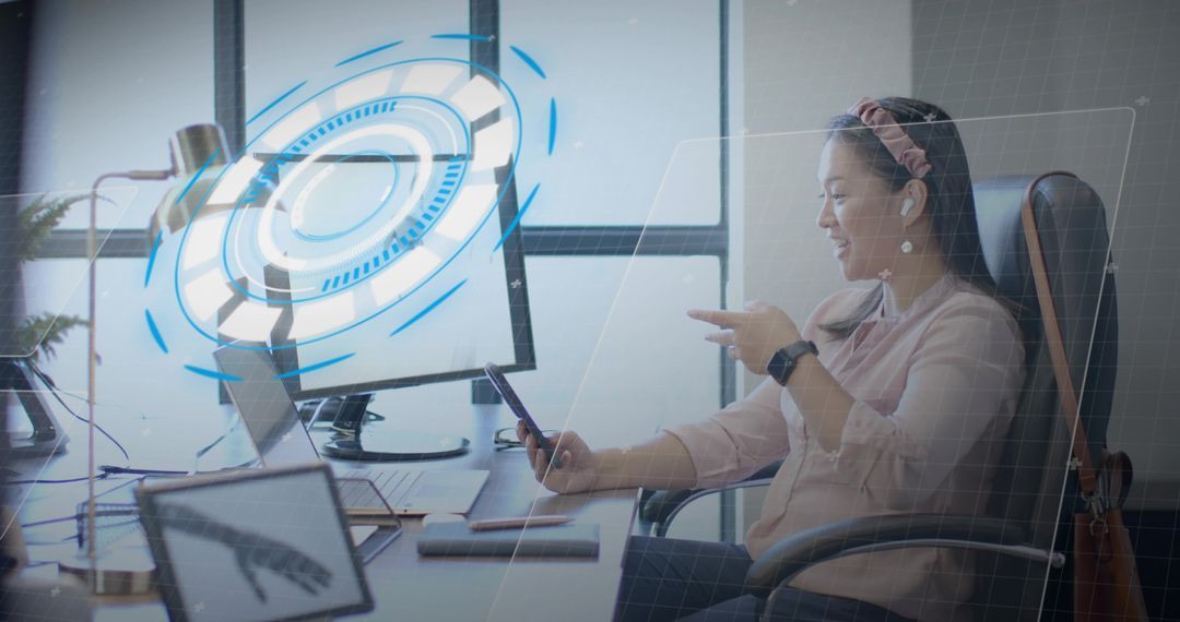 Office Worker Engaging with Advanced Holographic Interface