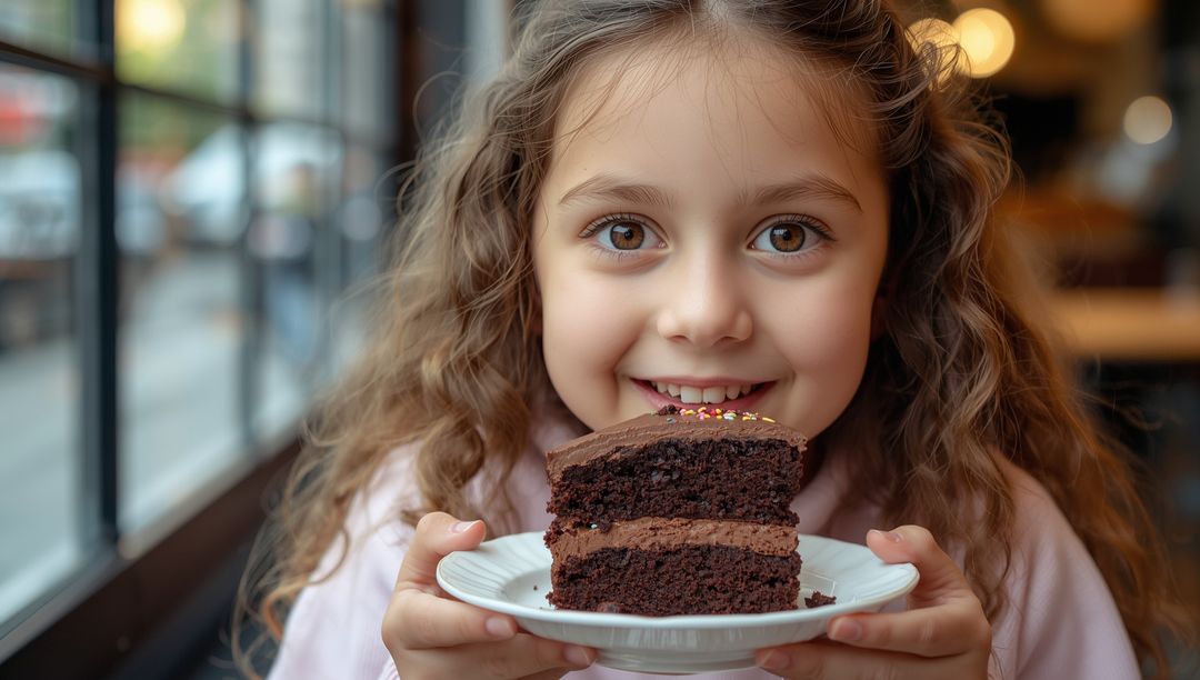 Joyful Child Enjoying Chocolate Cake in Cozy Café