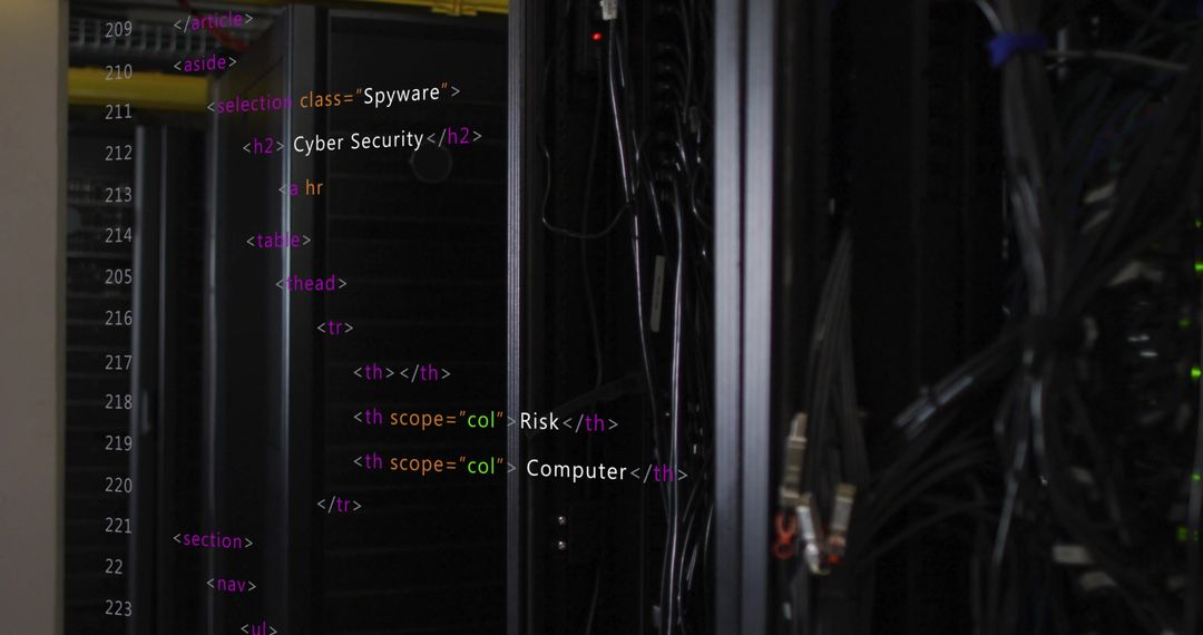 HTML Code Layered Over Server Racks in Secure Data Center - Free Images, Stock Photos and Pictures on Pikwizard.com