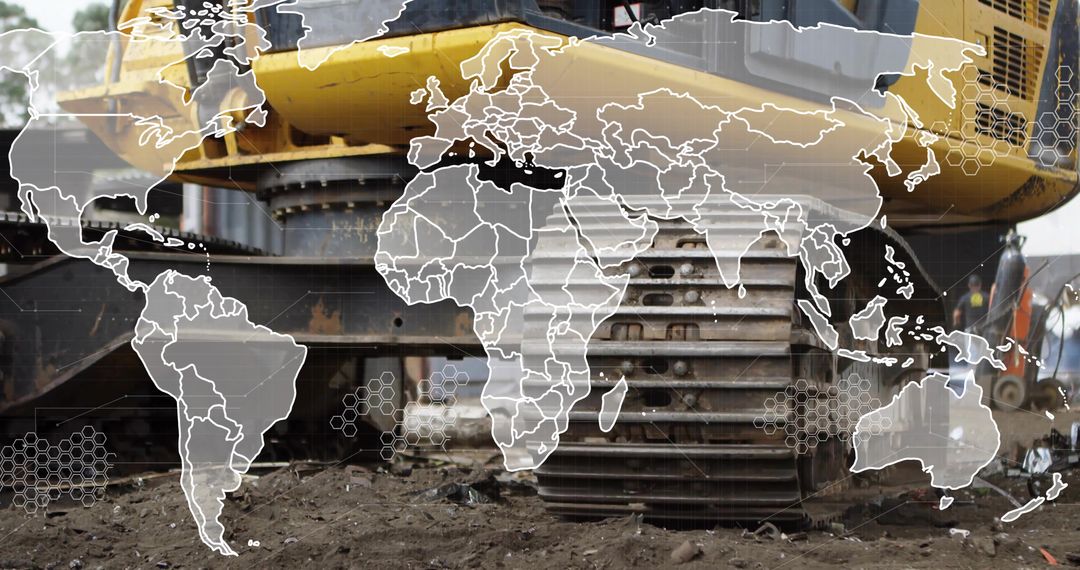 Excavator Tracks on Muddy Site with World Map Overlay