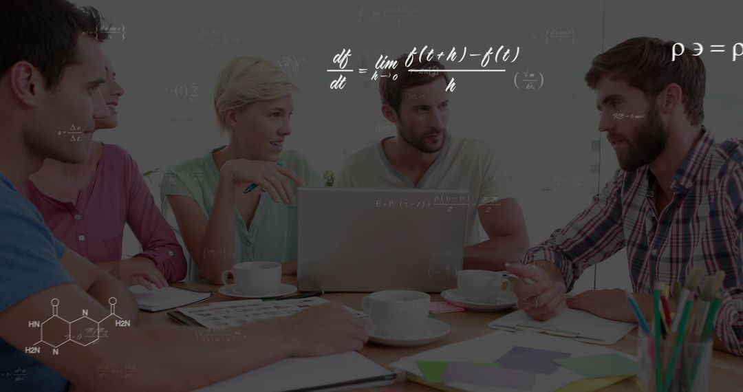 Office Team Discussing Strategy with Graphs and Equations