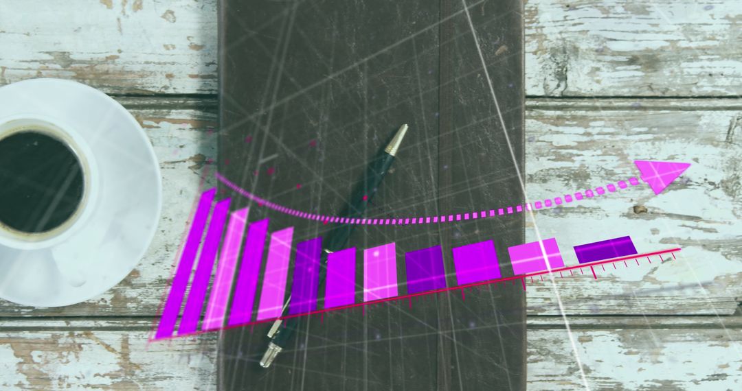 Digital Data Overlay on Notebook and Coffee with Wooden Background