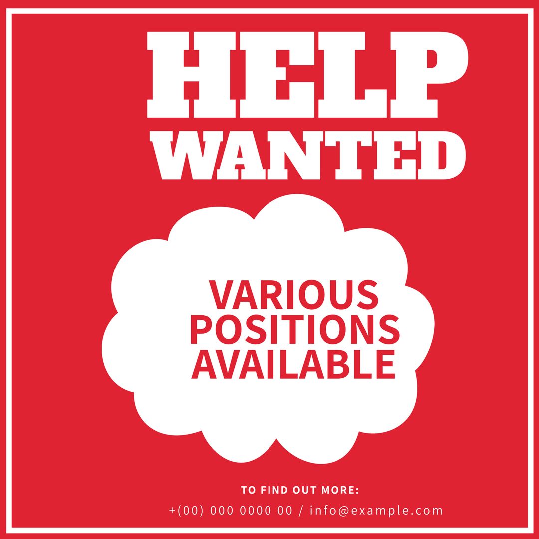 Red Help Wanted Sign Emphasizing Various Positions Availability - Download Free Stock Templates Pikwizard.com