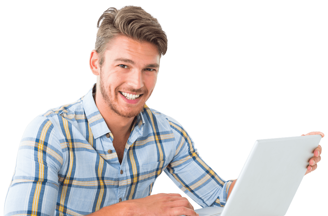 Smiling Man Using Laptop on Transparent Background for Lifestyle Theme