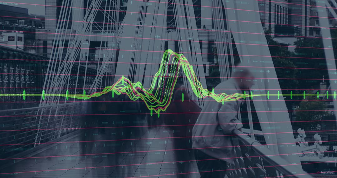 Surreal Business Data Overlays on Cityscape Walkway