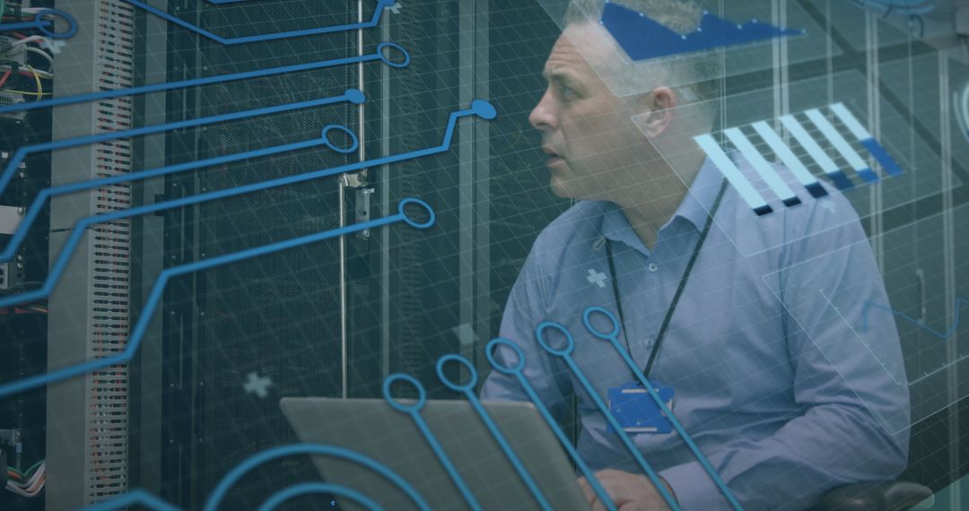 Technician Monitoring Servers with Digital Overlay in Data Center