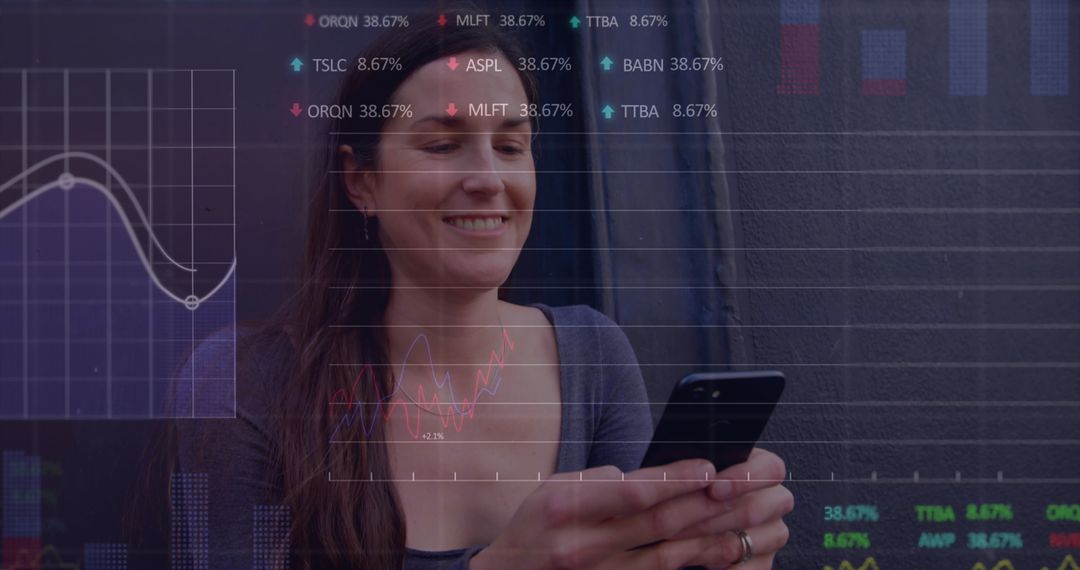 Tech-Savvy Woman Monitoring Stock Market Data on Smartphone