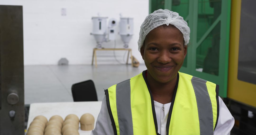 Factory Worker Smiling in High-Visibility Vest and Hair Net - Free Images, Stock Photos and Pictures on Pikwizard.com