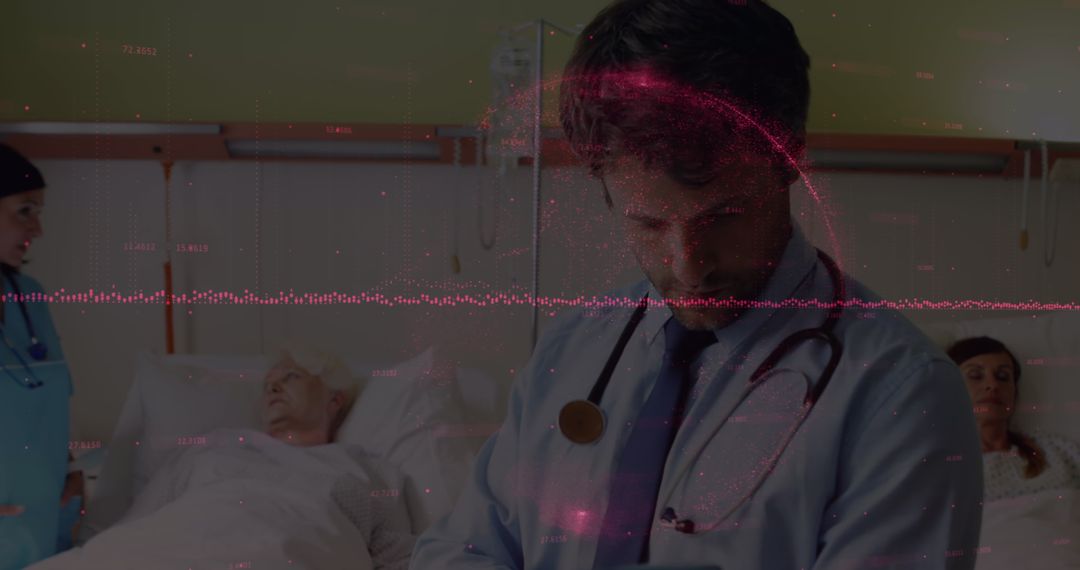 Doctor Assesses Patient Data with Digital Overlay in Hospital Ward