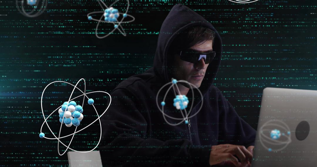 Hacker Overlaid with 3D Atom Structures Represents Cybercrime