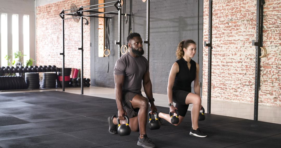 Diverse Workout Partners Exercising with Kettlebells at Modern Gym