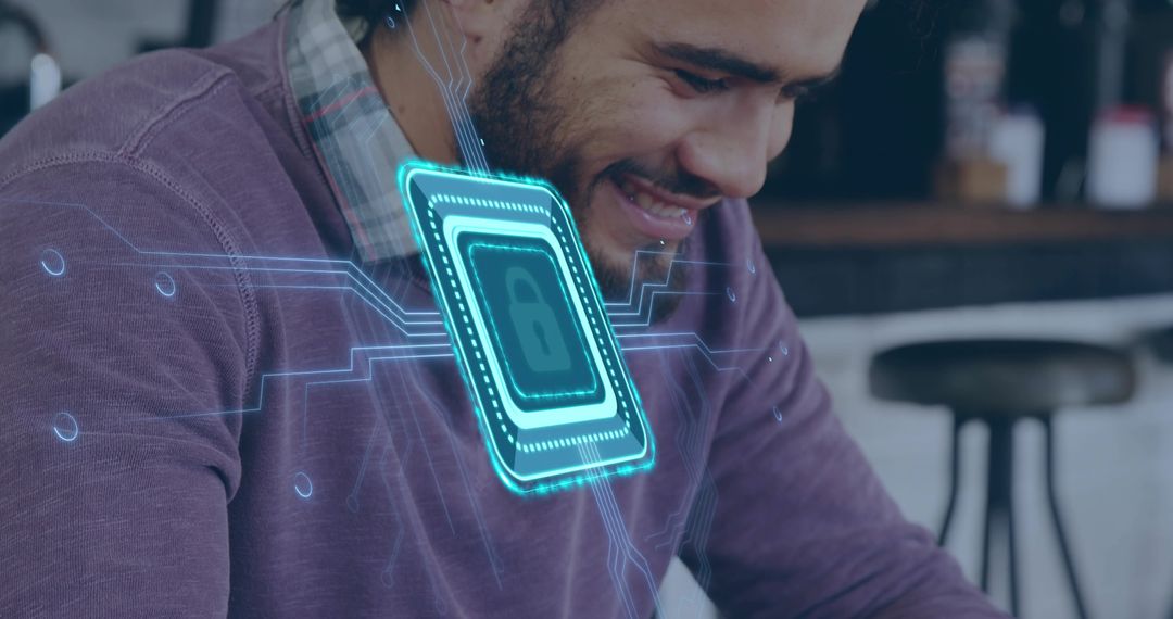 Young man smiling while engaging with holographic cybersecurity chip and data lock