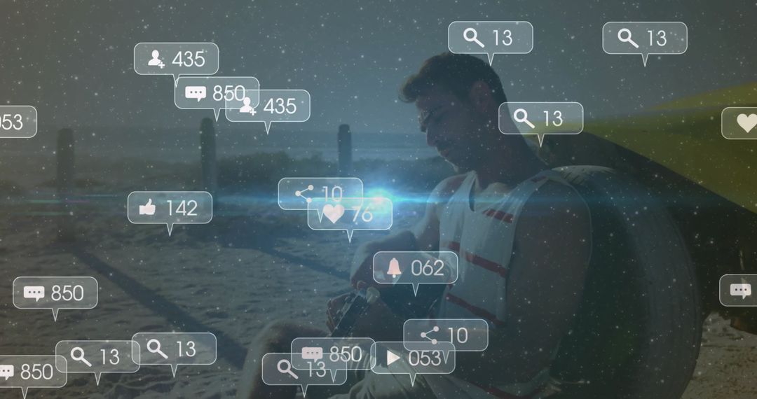 Man Relaxing with Surf Wing at Beach During Sunset with Social Likes Icons