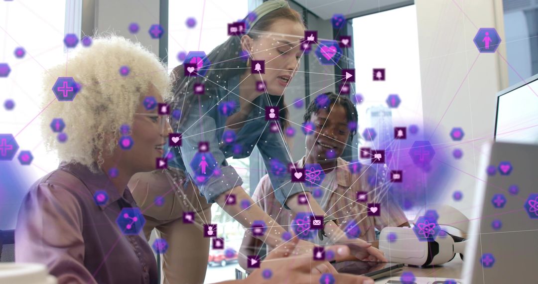 Team Collaborating Over Laptop with Augmented Reality Data Overlay Showing Network Icons