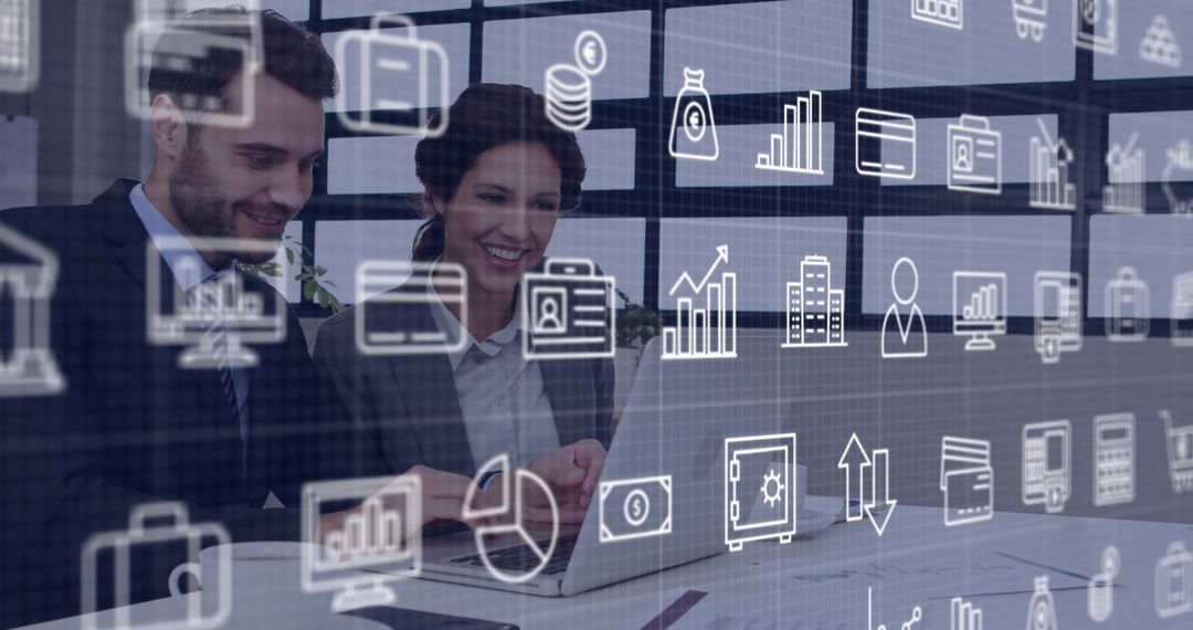 Business Professionals Collaborating on Laptop with Data Interface Overlay