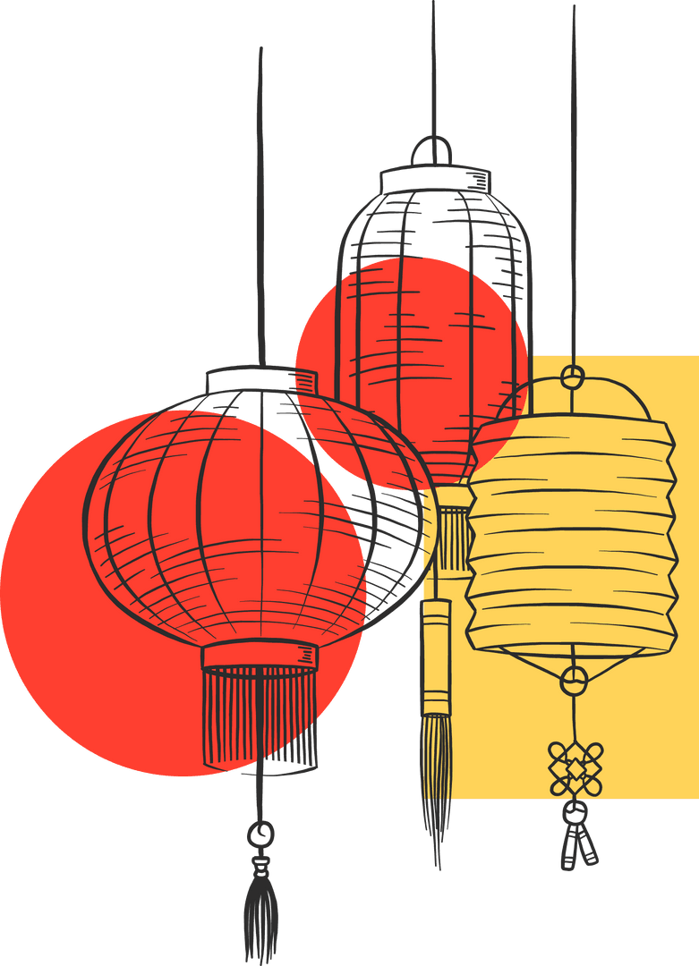 Geometric Lanterns Art on Transparent Canvas with Red and Yellow Accents