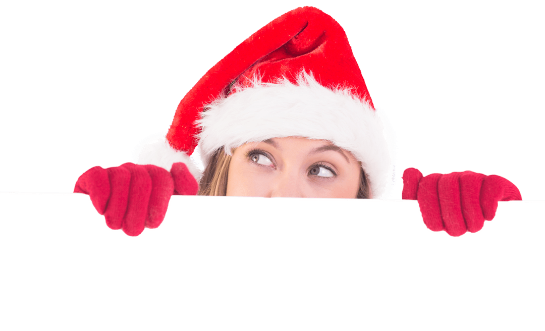 Festive Woman Peeks Wearing Santa Hat and Red Gloves on Transparent Background