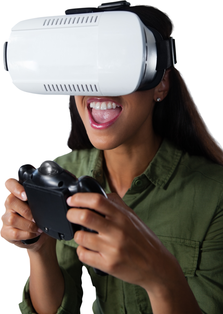 Transparent Virtual Reality Gaming Experience with Enthusiastic Woman - Download Free Stock Images Pikwizard.com