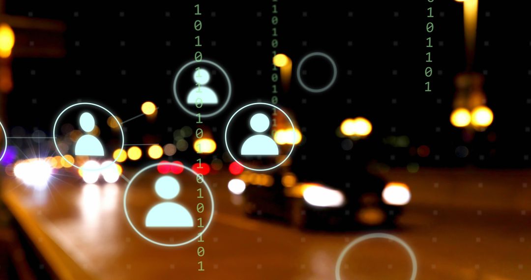 Futuristic City with Digital Interface and Data Processing Symbols