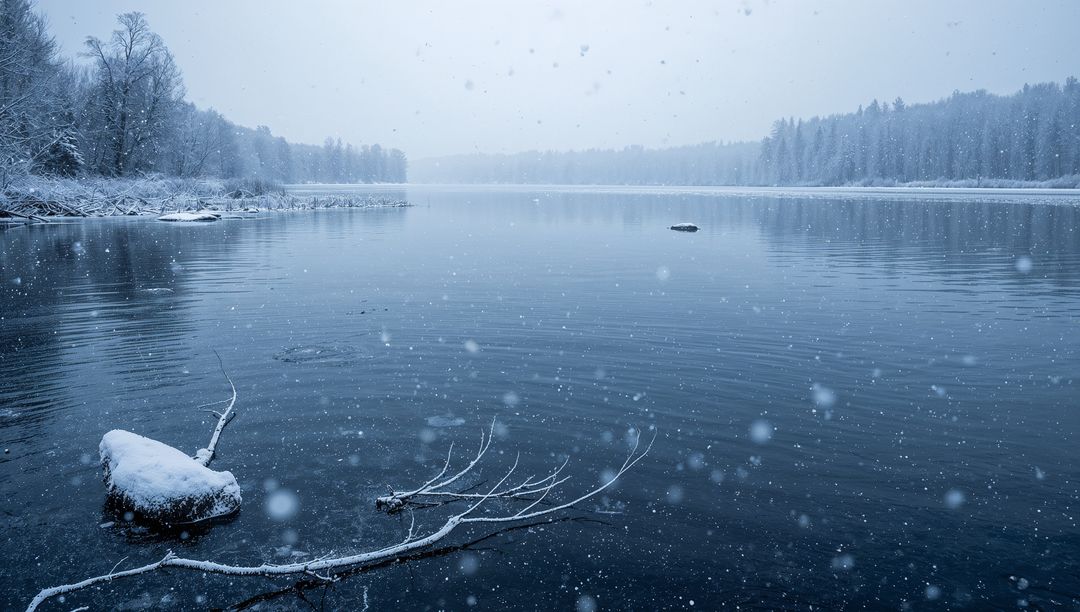 Snowflakes Drifting Over Glassy Winter Lake with Frosted Shoreline and Quiet Ripples
