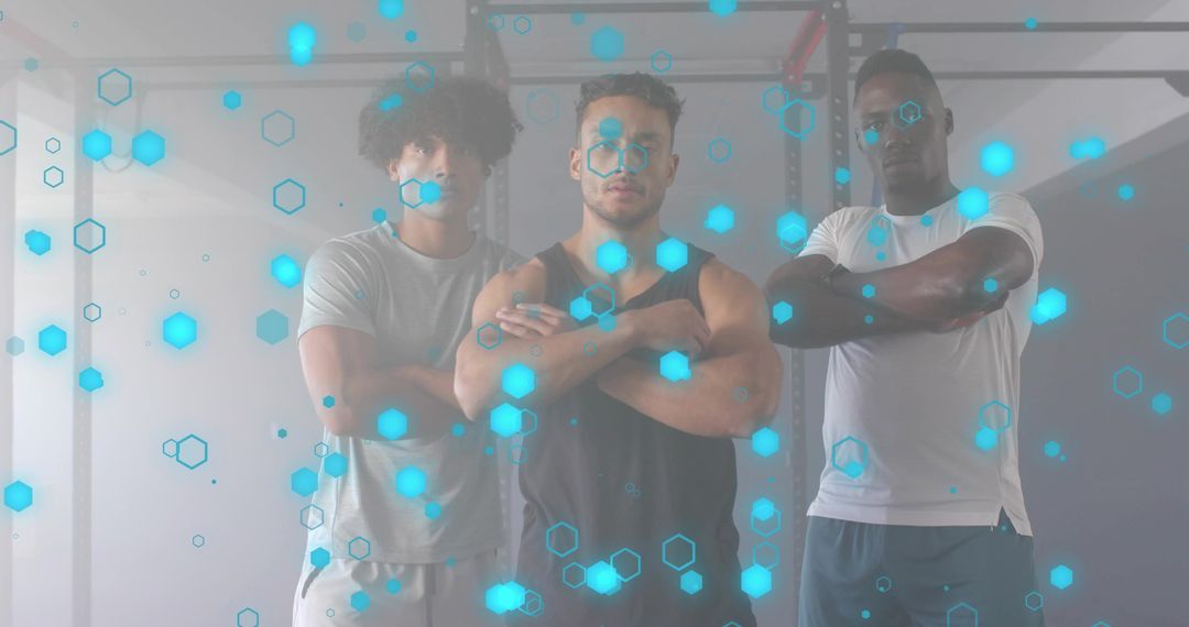 Three Confident Men in Gym with Futuristic Overlay