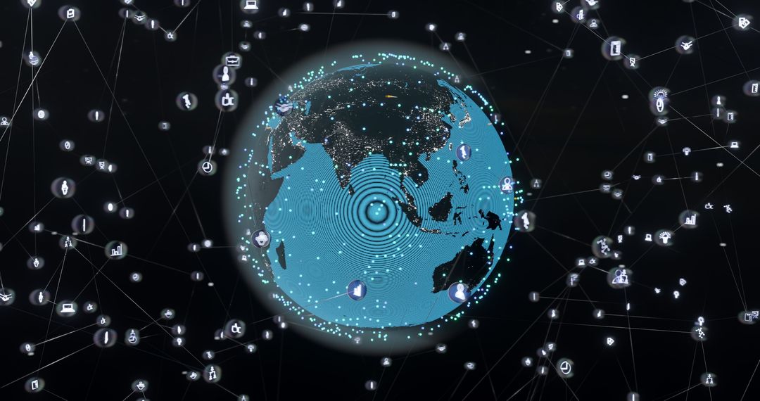 Glowing Global Network Connections with Digital Icons on Black Background