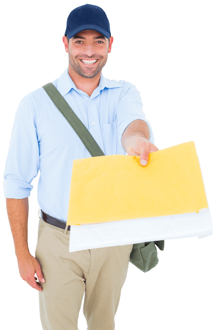 Happy Postman Delivering Mail with Envelopes, Transparent Background