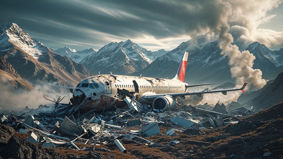 Plane crash amidst mountainous barren landscape